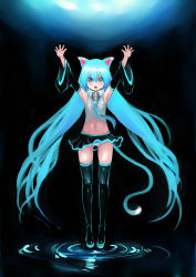 Rule 34 | 1girl, absurdres, animal ears, aqua eyes, aqua hair, armpits, black thighhighs, blush stickers, boots, cat ears, cat tail, detached sleeves, fang, flat chest, hatsune miku, highres, johan (johan13), kemonomimi mode, long hair, midriff, navel, outstretched arms, skirt, solo, tail, thigh boots, thighhighs, twintails, very long hair, vocaloid, wide sleeves