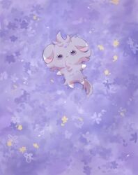Rule 34 | animal focus, creatures (company), espurr, flower, game freak, gen 6 pokemon, grey fur, highres, looking up, lying, nintendo, no humans, on back, open mouth, pokemon, pokemon (creature), purple eyes, purple flower, staring, suimin ap, tail
