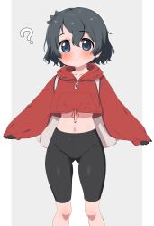 Rule 34 | 1girl, ?, bike shorts, black gloves, black hair, black shorts, blue eyes, blush, closed mouth, collarbone, commentary request, gloves, grey background, highres, kaban (kemono friends), kemono friends, looking at viewer, midriff, navel, ransusan, short hair, shorts, simple background, solo, sweat