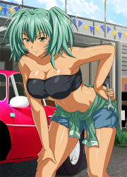 Rule 34 | 00s, 1girl, alternate costume, aqua hair, bare arms, bare legs, bare shoulders, black tube top, blue shorts, blush, breasts, car, cleavage, closed mouth, cloud, collarbone, dark-skinned female, dark skin, day, denim, denim shorts, eyebrows, eyebrows hidden by hair, eyes visible through hair, female focus, green eyes, green hair, hair between eyes, hand on own hip, hand on own knee, holding, holding wrench, ikkitousen, large breasts, leaning, leaning forward, legs, long hair, midriff, motor vehicle, naughty face, navel, official art, outdoors, ryofu housen, shiny skin, short hair, short shorts, short twintails, shorts, smile, solo, standing, strapless, thick thighs, thighs, tube top, twintails, vehicle, wrench