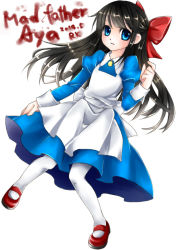 Rule 34 | apron, aya drevis, bad id, bad pixiv id, black hair, blood, blood writing, blue eyes, copyright name, dated, dress, long hair, mad father, mary janes, pantyhose, ribbon, shoes, solo
