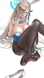 Rule 34 | 1girl, absurdres, animal ears, asuna (blue archive), asuna (bunny) (blue archive), bare shoulders, black pantyhose, blue archive, blue bow, blue bowtie, blue eyes, blue leotard, blue ribbon, blush, bow, bowtie, breasts, buyong22, cleavage, commentary, detached collar, elbow gloves, eyelashes, fake animal ears, feet, foot out of frame, gloves, hair between eyes, hair over one eye, hair ribbon, hairband, halo, highleg, highleg leotard, highres, large breasts, leotard, light brown hair, long hair, looking at viewer, open mouth, pantyhose, pantyhose tug, playboy bunny, rabbit ears, ribbon, shoes, unworn shoes, simple background, sitting, smile, soles, solo, steaming body, thighband pantyhose, traditional bowtie, white background, white footwear, white gloves, wing collar