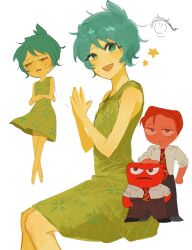 1boy 1girl 2024 age_difference anger_(inside_out) blue_hair blush chibi colored_skin couple disney dress inside_out inside_out_2 joy_(inside_out) looking_at_viewer pants pixar qqwersksk red_hair red_skin shirt short_hair sitting star_(symbol) tagme yellow_skin