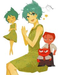 1boy 1girl 2024 age_difference anger_(inside_out) blue_hair blush chibi colored_skin couple disney dress highres inside_out inside_out_2 joy_(inside_out) looking_at_viewer pants pixar qqwersksk red_hair red_skin shirt short_hair sitting star_(symbol) tagme yellow_skin