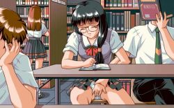 Rule 34 | 2boys, 2girls, black hair, book, clothes lift, couple, exhibitionism, closed eyes, fingering, glasses, library, masturbation, multiple boys, multiple girls, public indecency, skirt, skirt lift, under table