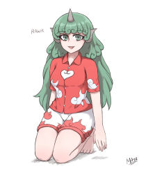 Rule 34 | 1girl, animal ears, barefoot, breasts, buttons, cloud print, collar, commentary, english commentary, gao, green eyes, green hair, heart, highres, horns, kariyushi shirt, kneeling, komano aunn, long hair, looking at viewer, mata (matasoup), open mouth, red shirt, shirt, short sleeves, shorts, signature, simple background, single horn, sketch, small breasts, smile, solo, thighs, touhou, very long hair, watermark, white background, white shorts