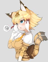 Rule 34 | 1girl, animal ears, bad id, bad twitter id, blonde hair, blue eyes, blush, bow, commentary request, elbow gloves, gloves, grey background, hair bow, highres, kemono friends, looking away, multicolored hair, necktie, orange necktie, plaid necktie, plaid neckwear, puffy short sleeves, puffy sleeves, red bow, shirt, short sleeves, simple background, smilodon (kemono friends), solo, tail, teranekosu, tiger ears, tiger tail, upper body, white hair