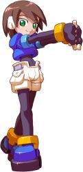 Rule 34 | absurdres, aile (mega man zx), archived source, black bodysuit, blue footwear, blue jacket, bodysuit, bodysuit under clothes, brown hair, cropped jacket, green eyes, highres, jacket, looking at viewer, makoto yabe, mega man (series), mega man zx, official art, outstretched arms, robot ears, shoes, short hair, shorts, simple background, smile, solo, white background, white shorts