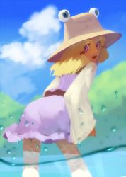 Rule 34 | 1girl, back, bad id, bad twitter id, blonde hair, cloud, day, hair ornament, hair ribbon, hat, horizon (sushi0126), long sleeves, looking at viewer, looking back, moriya suwako, open mouth, partially submerged, purple eyes, ribbon, shirt, short hair, skirt, skirt set, sky, smile, solo, standing, thighhighs, touhou, vest, wading, white thighhighs, wide sleeves, zettai ryouiki