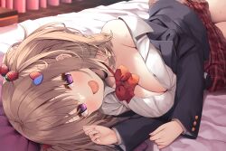 Rule 34 | 1girl, asa no ha (awayuki), black jacket, blurry, blurry background, blush, breasts, brown hair, cleavage, clothes lift, collared shirt, curtains, food-themed hair ornament, hair ornament, heart, heart hair ornament, highres, indoors, jacket, large breasts, looking at viewer, lying, non-web source, off shoulder, on bed, on side, open mouth, original, plaid, plaid skirt, pleated skirt, purple eyes, red skirt, school uniform, shirt, skirt, skirt lift, smile, solo, strawberry hair ornament, white shirt