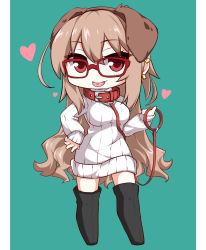 Rule 34 | 1girl, animal ears, bdsm, boots, brown hair, chibi, collar, dog ears, ear piercing, earrings, glasses, heart, highres, jewelry, leash, lindoh flores, long hair, looking at viewer, open mouth, original, pet play, piercing, pillarboxed, red-eyes macadamiachoco, red-framed eyewear, red eyes, ribbed sweater, slave, smile, solo, standing, sweater, thigh boots, thighhighs, tongue piercing, turtleneck, turtleneck sweater