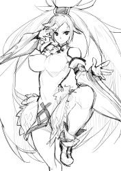 Rule 34 | 1girl, artist request, bare shoulders, breasts, china dress, detached sleeves, dress, fighting stance, guilty gear, hair ornament, hairclip, high heel boots, kuradoberi jam, large breasts, long hair, monochrome, simple background, sketch, skirt, solo, standing on one leg, tagme, very long hair