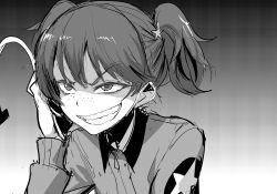 Rule 34 | 10s, 1girl, alisa (girls und panzer), freckles, gesugao, girls und panzer, greyscale, grin, hair ornament, hand on own ear, hand on own ear, headphones, jacket, ken (koala), long sleeves, military, military uniform, monochrome, short hair, short twintails, simple background, smile, solo, star (symbol), star hair ornament, twintails, uniform