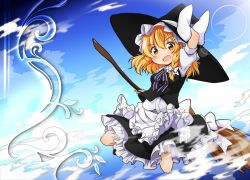 Rule 34 | 1girl, above clouds, apron, blonde hair, blue sky, blush, braid, breasts, broom, cloud, fang, flying, hand on headwear, hat, hat ribbon, kirisame marisa, lens flare, looking at viewer, open mouth, ribbon, short hair, single braid, skirt, sky, small breasts, solo, tobi (nekomata homara), touhou, vest, waist apron, witch hat, yellow eyes