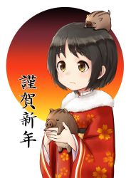 Rule 34 | 1girl, absurdres, animal, black hair, blush, boar, closed mouth, collar, floral print, fur trim, highres, holding, holding animal, japanese clothes, kantai collection, kibitarou, kimono, long sleeves, maru-yu (kancolle), new year, pig, short hair, solo, thick eyebrows, translation request, white background, yellow eyes