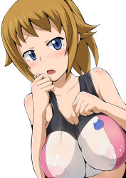 Rule 34 | 10s, 1girl, bare shoulders, blonde hair, blue eyes, breasts, brown hair, covered erect nipples, gundam, gundam build fighters, gundam build fighters try, hoshino fumina, impossible clothes, large breasts, looking at viewer, nipples, solo, sports bra, two-tone sports bra, varios