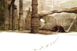 Rule 34 | bridge, colossus, column, footprints, itoko, monochrome, perspective, pillar, quadratus (shadow of the colossus), scenery, sepia, shadow of the colossus
