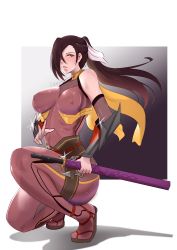 Rule 34 | 1girl, arm blade, bare shoulders, bodysuit, breasts, brown eyes, brown hair, cleavage, cosplay, covered erect nipples, detached sleeves, eyeshadow, fire emblem, fire emblem fates, fishnet bodysuit, fishnets, full body, gloves, gradient background, hair over one eye, hair ribbon, highres, holding, holding sword, holding weapon, impossible bodysuit, impossible clothes, impossible leotard, kagero (fire emblem), large breasts, leotard, long hair, looking at viewer, makeup, ninja, nintendo, nipples, on one knee, ponytail, ribbon, sandals, scarf, simple background, skin tight, solo, sword, taimanin (series), taimanin suit, vialnite, weapon, white ribbon