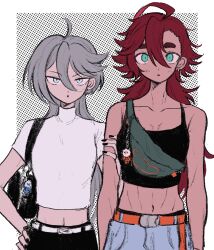 Rule 34 | 2girls, abs, ahoge, alternate costume, alternate hairstyle, aqua eyes, bag, bare shoulders, belt, black nails, black pants, blue pants, casual, collarbone, commentary request, crop top, grey hair, gundam, gundam suisei no majo, hair between eyes, hand on another&#039;s arm, hand on own hip, highres, charm (object), long hair, looking at viewer, low ponytail, midriff, miorine rembran, multiple girls, nail polish, ni (yawarakahonpo), open mouth, orange belt, pants, red hair, shirt, shoulder bag, sleeveless, standing, suletta mercury, swept bangs, tank top, thick eyebrows, white belt, white shirt