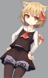Rule 34 | 1girl, animal ear fluff, animal ears, black pantyhose, blonde hair, bloomers, bow, cat ears, cat girl, cat tail, dress shirt, female focus, hair ribbon, highres, kemonomimi mode, long sleeves, looking at viewer, miniskirt, pantyhose, red eyes, ribbon, rumia, shirt, shone, short hair, simple background, skirt, skirt set, smile, solo, tail, tail bow, tail ornament, touhou, underwear, upskirt, white shirt