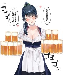 Rule 34 | 1girl, absurdres, alcohol, alternate breast size, alternate costume, apron, beer, beer mug, black hair, blush, breasts, cleavage, closed eyes, cup, highres, houshou (kancolle), kantai collection, large breasts, long hair, magai akashi, mug, oktoberfest, ponytail, smile, solo, sweat, translation request, white apron, white background