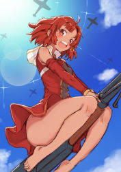 Rule 34 | 10s, 1girl, aircraft, airplane, barefoot, blue sky, breasts, cloud, dress, feet, female focus, flying, izetta, looking at viewer, medium breasts, open mouth, red eyes, red hair, short hair, shuumatsu no izetta, sky, solo, sun, toes