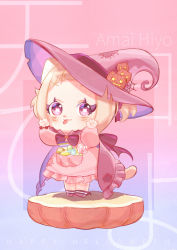 Rule 34 | 1girl, :3, :p, a xuan233, absurdres, amai hiyo, animal ears, blonde hair, bow, candy, cape, cat ears, cat girl, cat tail, character name, child, commentary, dress, eyelashes, food, forehead, frilled cape, frilled dress, frills, full body, hair ornament, hair ribbon, hands up, happy halloween, hat, highres, indie virtual youtuber, lollipop, long sleeves, pink dress, pink eyes, pocket, puffy long sleeves, puffy sleeves, pumpkin, red ribbon, ribbon, short twintails, silk, solo, spider web, standing, symbol-shaped pupils, tail, tongue, tongue out, twintails, v-shaped eyebrows, virtual youtuber, whiskers, witch hat