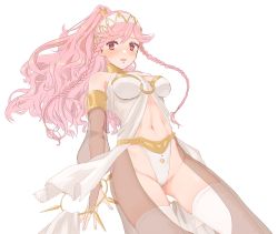 Rule 34 | 1girl, blush, braid, breasts, fire emblem, fire emblem awakening, hairband, highres, long hair, medium breasts, navel, nintendo, olivia (fire emblem), papapa36, parted lips, pink eyes, pink hair, ponytail, side braid, simple background, solo, thighhighs, twin braids, white background, white thighhighs