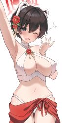 Rule 34 | 1girl, absurdres, animal ears, armpits, bikini, blue archive, breasts, brown hair, choker, cleavage, commentary request, flower, goyain, hair flower, hair ornament, halo, highres, large breasts, navel, raccoon ears, red flower, red sarong, sarong, short hair, skindentation, solo, squeans, swimsuit, tsubaki (blue archive), white bikini, white choker, yawning