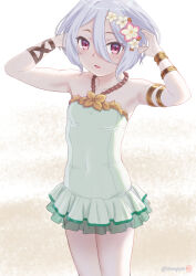 Rule 34 | 1girl, arm strap, armlet, arms up, bracelet, covered navel, cowboy shot, flower, frilled one-piece swimsuit, frills, grey hair, hair flower, hair ornament, halterneck, highres, jewelry, kokkoro (princess connect!), kokkoro (summer) (princess connect!), looking at viewer, mu-pyon, one-piece swimsuit, open mouth, princess connect!, purple eyes, short hair, sidelocks, solo, standing, swimsuit