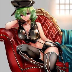 Rule 34 | 1girl, alternate costume, black-framed eyewear, black headwear, black skirt, breasts, chair, cleavage, closed mouth, cross-laced clothes, dominatrix, green hair, grey background, kazami yuuka, large breasts, looking at viewer, nagare, red eyes, short hair, sitting, skirt, smile, solo, touhou