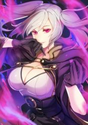 Rule 34 | 1girl, arm up, aura, belt, black coat, black gloves, blurry, breasts, buttons, cleavage, coat, corset, dark aura, dark background, fire emblem, fire emblem awakening, fire emblem heroes, gloves, grima (fire emblem), hand up, kokouno oyazi, large breasts, long hair, long sleeves, looking at viewer, nintendo, open clothes, open coat, parted lips, red eyes, robin (female) (fire emblem), robin (fire emblem), shirt, silver hair, smile, solo, swept bangs, tsurime, twintails, upper body, white shirt, wide sleeves