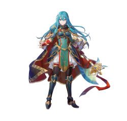 Rule 34 | 1girl, absurdres, aqua eyes, aqua hair, armor, armored boots, axe, azu-taro, battle axe, blue armor, blue cape, boots, breastplate, cape, earrings, eirika (fire emblem), eirika (resolute princess) (fire emblem), fingerless gloves, fire emblem, fire emblem heroes, gloves, gold trim, hair between eyes, highres, holding, holding axe, jewelry, long hair, multicolored cape, multicolored clothes, nintendo, official alternate costume, official art, pelvic curtain, red cape, red gloves, solo, tachi-e, weapon