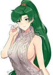 Rule 34 | 1girl, absurdres, aran sweater, backless dress, backless outfit, bare back, blush, breasts, cable knit, dress, fire emblem, fire emblem: the blazing blade, fire emblem heroes, green eyes, green hair, grey sweater, halterneck, high ponytail, highres, jewelry, large breasts, long hair, looking at viewer, lyn (fire emblem), meme attire, naked sweater, nintendo, ormille, ponytail, sideboob, simple background, smile, solo, sweater, sweater dress, turtleneck, turtleneck sweater, very long hair, virgin killer sweater, white background