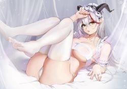 Rule 34 | 1girl, absurdres, aegir (azur lane), aegir (iron blood&#039;s dragon maid) (azur lane), arm garter, arm up, ass, azur lane, bandeau, breasts, brown eyes, cleavage, curtains, demon horns, feet, frilled hairband, frills, grey hair, hair between eyes, hairband, highres, horns, large breasts, long hair, looking at viewer, multicolored hair, no shoes, on bed, open mouth, red hair, showerz, solo, streaked hair, thighhighs, thighs, underwear, underwear only, white thighhighs
