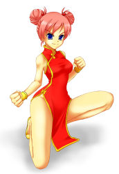 Rule 34 | 1990s (style), 1girl, blue eyes, china dress, chinese clothes, double bun, dress, female focus, final fantasy, final fantasy v, full body, gradient background, hair bun, kneeling, lenna charlotte tycoon, monk, pink hair, retro artstyle, short hair, solo, uchouten, white background, wristband