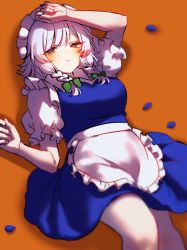 Rule 34 | 1girl, alternate eye color, apron, arm up, blue dress, blush, bow, braid, breasts, closed mouth, collared shirt, commentary request, dress, frills, green bow, grey hair, hair bow, hand on own head, hands up, highres, izayoi sakuya, light, looking up, lying, maid, maid headdress, medium breasts, multicolored eyes, on back, one-hour drawing challenge, orange background, pantyhose, petals, puffy short sleeves, puffy sleeves, purple eyes, shadow, shirt, short hair, short sleeves, simple background, solo, teeth, touhou, twin braids, waramori fuzuka, white apron, white pantyhose, white shirt, wrist cuffs, yellow eyes