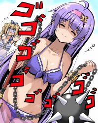 Rule 34 | 0 0, 2girls, ^ ^, ahoge, ball and chain (weapon), bare shoulders, bikini, blonde hair, bracelet, braid, breasts, character request, cleavage, closed eyes, epic seven, false smile, frilled bikini, frills, groin, hair ribbon, hairband, jewelry, large breasts, light purple hair, long hair, medium breasts, multiple girls, navel, purple bikini, ribbon, sarong, shaded face, simple background, smile, spiked ball and chain, striped bikini, striped clothes, swimsuit, tsuzuri (tuzuri), turn pale, twintails, wavy mouth, white background
