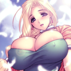 Rule 34 | 1girl, areola slip, bianca (dq5), blonde hair, blue eyes, blush, braid, breasts, bursting breasts, cloud, covered erect nipples, day, dragon quest, dragon quest v, earrings, feathers, hair over shoulder, huge breasts, jewelry, large areolae, long hair, magaki ryouta, single braid, sky, smile, solo