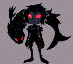Rule 34 | 1girl, backpack, bad id, bad tumblr id, bag, black hair, black skin, bodysuit, chibi, closed mouth, colored sclera, colored skin, grey background, kay (sea of solitude), red sclera, sea of solitude, setz, short hair, solo, standing, yellow eyes