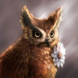 Rule 34 | animal, animal focus, bird, blurry, blurry background, closed mouth, commentary, commentary request, depth of field, english commentary, flower, flower in mouth, griffin, holding, holding flower, light rays, mouth hold, original, owl, portrait, solo, sunbeam, sunlight, wfoolxf, white flower, yellow eyes