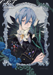 1boy absurdres bishounen black_feathers blue_eyes blue_flower blue_hair blue_rose doran_(doran7280) feathers flower formal_clothes gem hair_between_eyes highres holding holding_flower idolish7 lily_(flower) looking_at_viewer male_focus mirror picture_frame rose solo suit upper_body vest white_flower yotsuba_tamaki