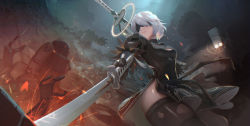 Rule 34 | 1girl, absurdres, black thighhighs, breasts, cleavage, cleavage cutout, clothing cutout, facing away, highres, holding, holding sword, holding weapon, large breasts, mole, mole under mouth, nier (series), nier:automata, shon, short hair, solo, sword, thighhighs, weapon, white hair, 2b (nier:automata)