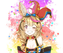 Rule 34 | 1girl, ahoge, animal ear fluff, animal ears, black hair, blonde hair, blue bow, blue dress, blush, bow, bowtie, braid, breasts, collarbone, colorful, detached sleeves, diamond hair ornament, dress, facial mark, fox ears, fox girl, grin, hair between eyes, hair bow, hair ornament, hair over shoulder, hairclip, hat, heart, heart hair ornament, highres, hololive, jester cap, long hair, looking at viewer, multicolored background, multicolored clothes, multicolored dress, multicolored hair, multicolored hat, omaru polka, omaru polka (1st costume), one eye closed, pink hair, playing card theme, purple eyes, red bow, red bowtie, red hat, side braid, sidelocks, simple background, single braid, sleeveless, sleeveless dress, small breasts, smile, solo, star-shaped pupils, star (symbol), streaked hair, symbol-shaped pupils, tenbin gashira, tilted headwear, upper body, virtual youtuber, white background, x hair ornament