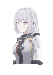 Rule 34 | 1girl, braid, breasts, closed mouth, cropped torso, girls&#039; frontline, highres, looking at viewer, medium breasts, medium hair, purple eyes, rpk-16 (girls&#039; frontline), silver hair, simple background, single braid, smile, solo, tactical clothes, upper body, wh1te, white background