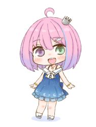 Rule 34 | 1girl, :d, ahoge, blue dress, blush, bracelet, chibi, commentary request, crescent, crescent necklace, crown, dress, full body, green eyes, heterochromia, himemori luna, himemori luna (sundress), hololive, jewelry, looking at viewer, mini crown, necklace, nekoyama, official alternate costume, open mouth, pink hair, purple eyes, short hair, simple background, smile, solo, virtual youtuber, white background