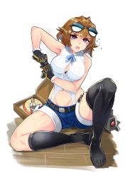 Rule 34 | 1girl, absurdres, asymmetrical legwear, aviator sunglasses, black gloves, black thighhighs, blue shorts, breasts, brown hair, commission, controller, eyewear on head, feet, food, game controller, ghgnvm, girls&#039; frontline, gloves, grizzly mkv (girls&#039; frontline), highres, mismatched legwear, no shoes, open mouth, pizza, pizza box, purple eyes, shirt, short hair, short shorts, shorts, single thighhigh, sleeveless, sleeveless shirt, solo, sunglasses, thighhighs, white background