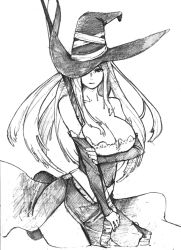 Rule 34 | 1girl, bare shoulders, breasts, cleavage, detached sleeves, dragon&#039;s crown, dress, greyscale, hat, hat over one eye, large breasts, long hair, masato (mirai koubou), masato (pixiv), monochrome, one eye covered, side slit, solo, sorceress (dragon&#039;s crown), staff, strapless, strapless dress, traditional media, witch hat