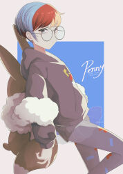 Rule 34 | 1girl, absurdres, backpack, bag, blue background, blue hair, brown bag, character name, closed mouth, commentary request, creatures (company), from side, game freak, glasses, highres, hood, hood down, hoodie, looking at viewer, looking to the side, multicolored hair, nintendo, pantyhose, penny (pokemon), poke ball print, pokemon, pokemon sv, print pantyhose, red hair, round eyewear, see-through, see-through skirt, short hair, shorts, shorts under skirt, skirt, solo, weiss 9610