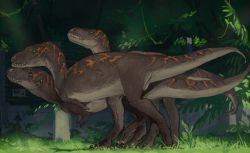 Rule 34 | albertosaurus, animal focus, dinosaur, from side, grass, highres, looking at viewer, looking to the side, mossacannibalis, no humans, original